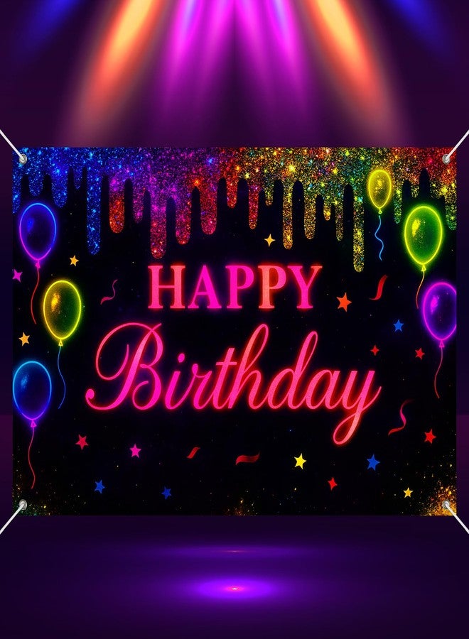 BlissYard Neon Happy Birthday Banner 71x43 Inch Glow in the dark Party Decoration Backdrop Colorful Balloons Stars Birthday Party Supplies Photo Booth Props For Girls or boys gifts - Image 1